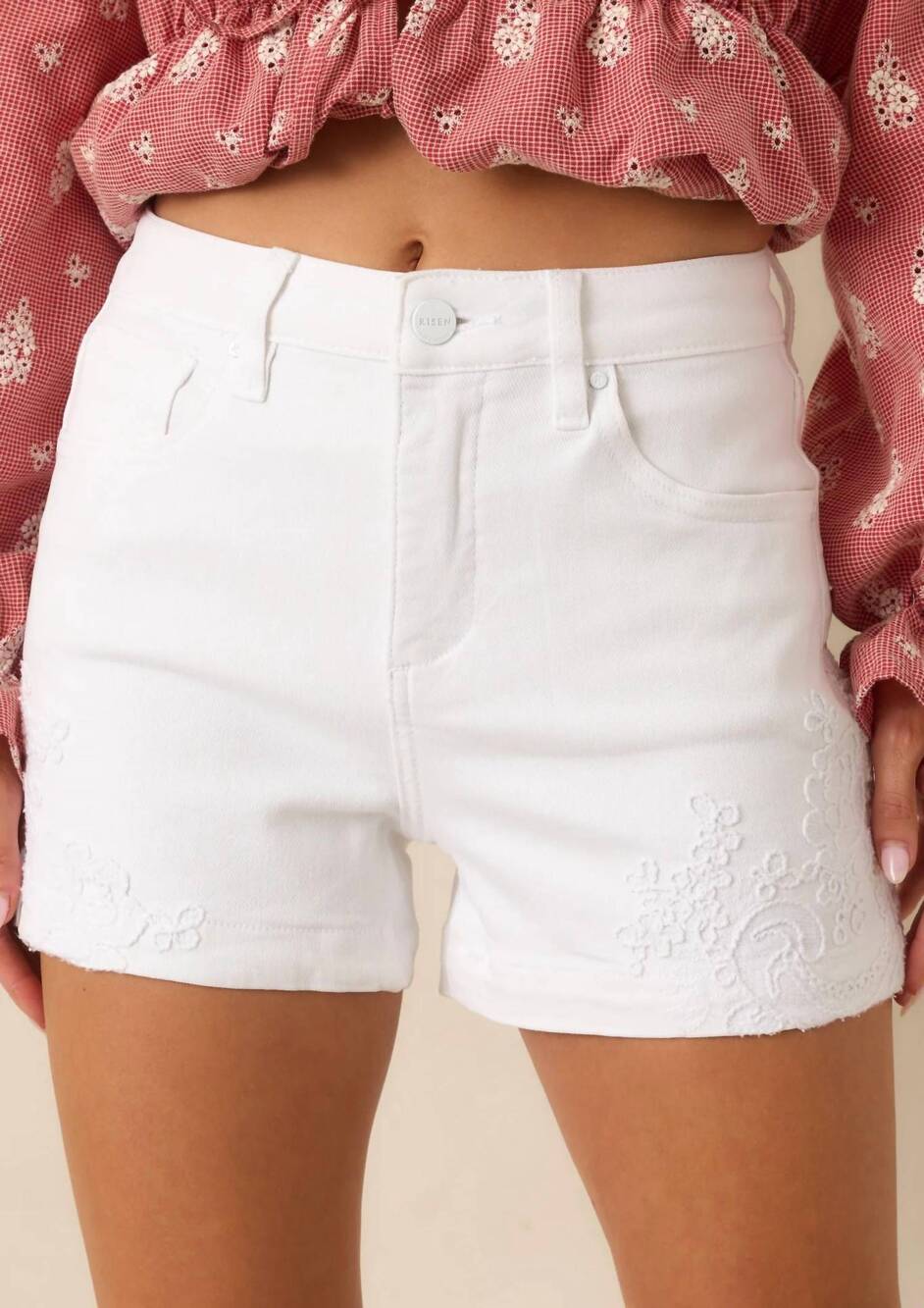 NEW RISEN sweet lace high rise denim shorts in white